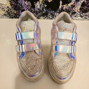 TUK White Glitter Creepers Sneakers 2 Velcro Straps Flat Platform Soles Size 10
